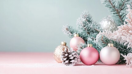 Fototapeta premium Christmas composition with a border design for product presentation. Christmas background. Classic Christmas composition with fir branches, baubles, gifts box.