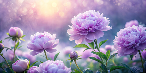 Fototapeta premium Ethereal peony blooms in soft lavender hues, wafting gently in dreamy garden setting, creating serene and enchanting atmosphere