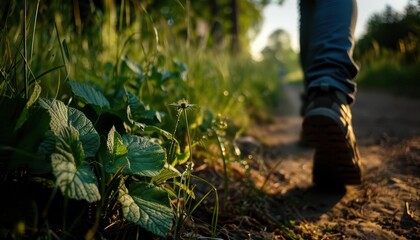 Urban hiking on a scenic trail, dynamic and adventurous, Urban, Soft greens, Photograph, Outdoor activity
