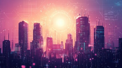 Fototapeta premium Futuristic cityscape with glowing lines and digital overlays