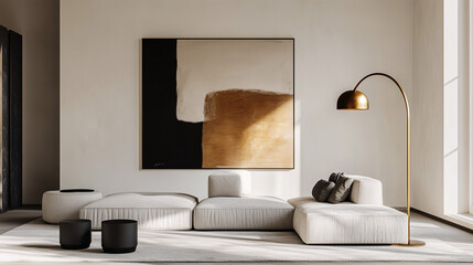 Spacious minimalist living room with a black and gold floor lamp next to a light grey modular sofa. A large abstract painting on the wall adds an artistic touch to the clean, uncluttered space