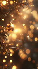 Golden Christmas Bauble Hanging on Tree Branch with Warm Lights