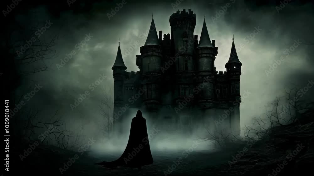 Poster A mysterious cloaked man walks towards an abandoned castle standing in a field with trees and fog.. AI Generation