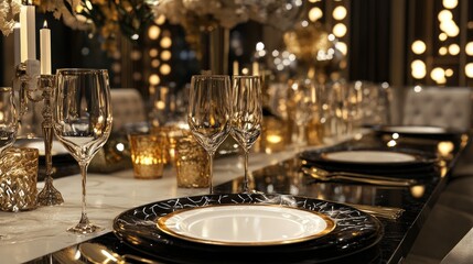Elegant Table Setting with Gold Accents and Crystal Glasses