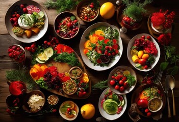 colorful artistic food arrangements displayed unique textured tabletop eye catching culinary presentation, appetizer, banquet, berry, decoration, dining