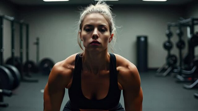 A focused young woman in athletic wear prepares to lift a heavy barbell in a modern gym. Her well-defined muscles and the inspiring setting reflect dedication to fitness and strength training.