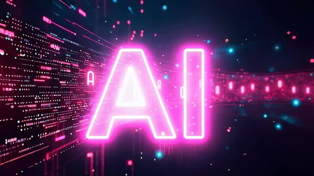 A digital landscape illustrates artificial intelligence with a dynamic blend of dark blue and black, accented by vibrant neon lights and abstract data streams. Ideal for tech-focused projects.