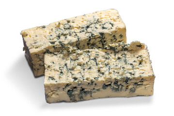 Gorgonzola cheese, slices of typical Italian blue cheese cheese isolated