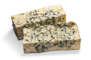 Gorgonzola cheese, slices of typical Italian blue cheese cheese isolated