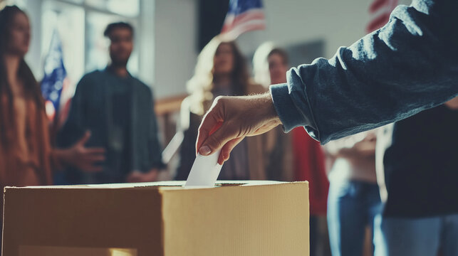 Citizens Actively Participating in a Local Election by Casting Their Votes Into a Ballot Box Surrounded by Supportive Friends in the USA