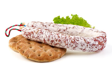 Fuet sausage, jerked sausage with mold, isolated on white background.