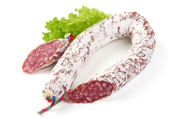 Fuet sausage, jerked sausage with mold, isolated on white background.
