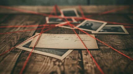 Vintage photographs and letters connected by red strings. Ideal for mystery or detective-themed concepts.