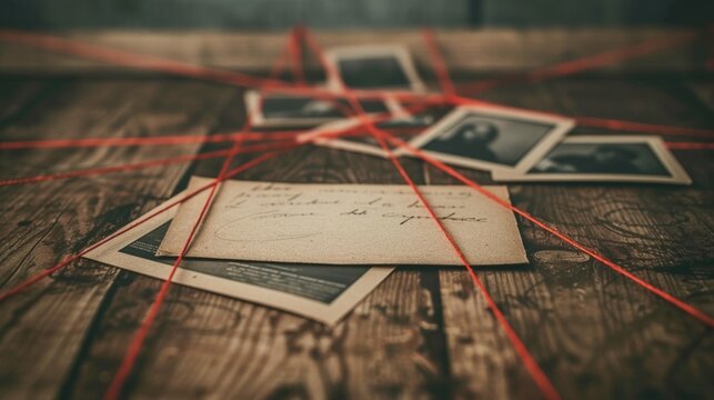 Vintage photographs and letters connected by red strings. Ideal for mystery or detective-themed concepts.
