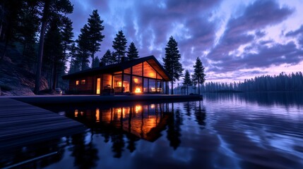 Fototapeta premium Cozy Cabin on Lake at Sunset with Fire and Reflection