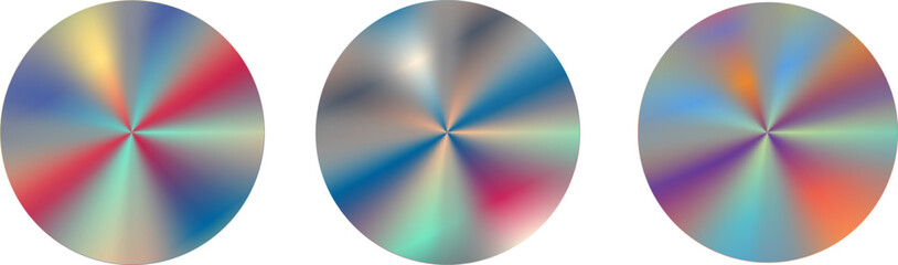 Collection of bright holographic circles on isolated background. Ideal for modern design projects, web graphics, digital art, backgrounds, printing and creative applications.