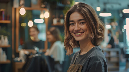 female hairdresser 30s smiling warmly in a salon with a client in the chair mirrors and hairstyling tools in the