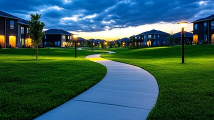 Fototapeta premium Winding Concrete Path at Dusk in a Residential Neighborhood