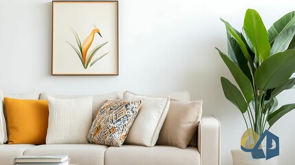 Stylish living room featuring a beige sofa with decorative pillows, indoor plant, and a framed botanical artwork for a cozy, minimalist aesthetic.
