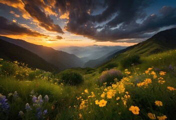 Fototapeta premium breathtaking view lush mountain valleys under dramatic cloudy sky creating mesmerizing silhouettes scenic landscapes, clouds, scenery, nature, horizon