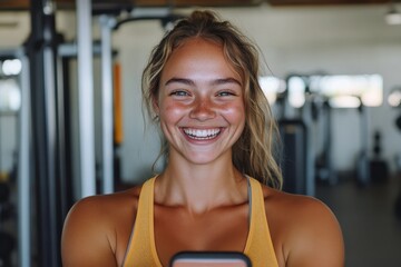 A radiant young woman in a vibrant tank top captures a selfie at the gym, radiating health and...