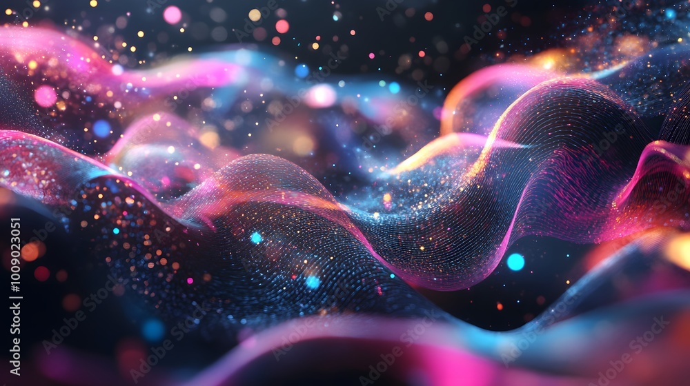 Poster a surreal, digital quantum realm with particles existing as both waves and particles, hovering in a 