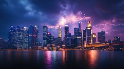 Fototapeta premium Singapore Skyline with Lightning Strike Illuminating Buildings