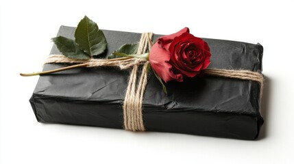 Sophisticated black packaging tied with string and a red rose, isolated on white