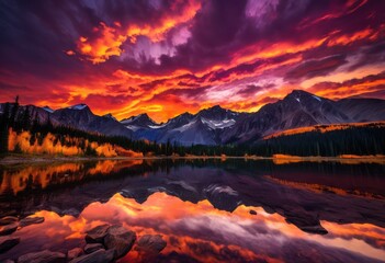 Naklejka premium breathtaking mountain range bathed vibrant colors under dramatic sunset sky stunning cloud patterns, aura, backdrop, beauty, blue, clouds, captivating