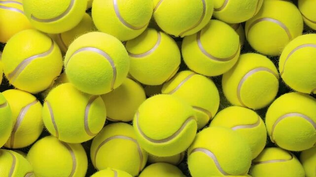 A vibrant collection of yellow tennis balls, showcasing their fuzzy texture and bright color. dynamic scene is perfect for sports-related content and promotions.