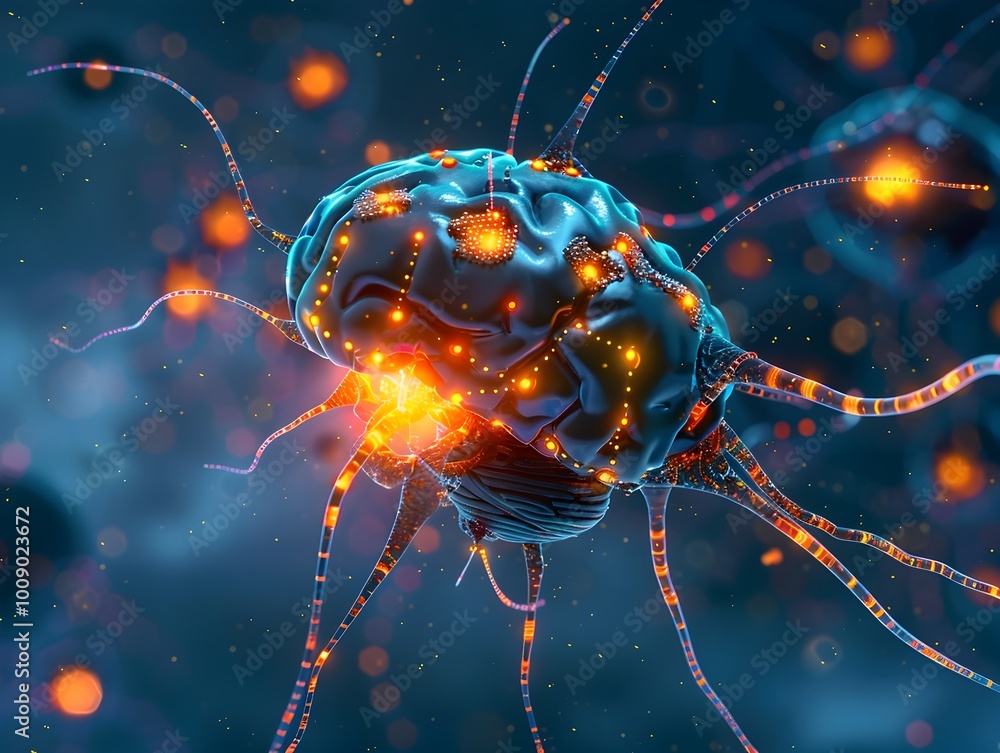 Poster nanobot entering brain cell to repair damaged neurons glowing as it restores memory and cognitive fu