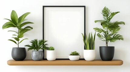 A modern wooden shelf featuring various potted plants and a blank picture frame, creating a minimalist and stylish decor setup against a white wall.