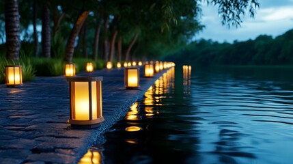 Tranquil Evening Pathway with Lanterns and Reflections on Water