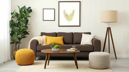 Modern living room featuring a brown sofa, yellow accents, indoor plants, minimalist furniture, and warm lighting, creating a cozy and stylish space.