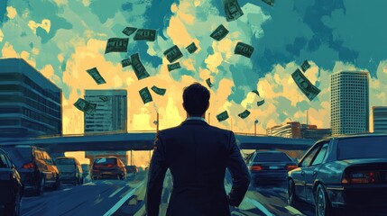 Man in Suit Looking Up at Money Raining Down in Cityscape