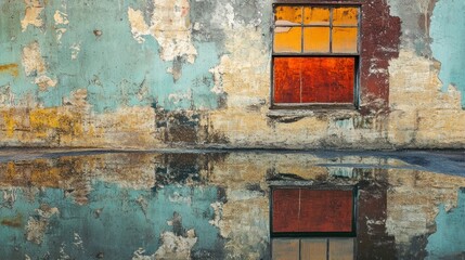 Naklejka premium A Distressed Wall with a Window Reflected in a Puddle