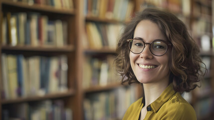 female librarian 40s welcoming smile wearing glasses in a library with shelves of books in the background