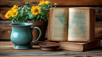 Vintage Book, Mug, and Flowers on Rustic Wooden Table
