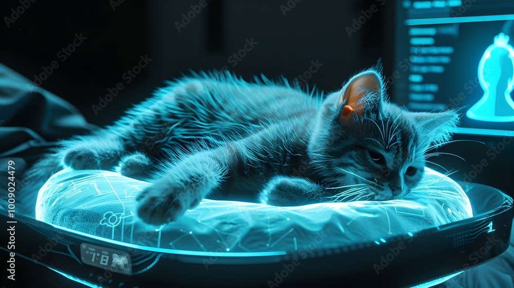Poster futuristic virtual pet cat resting on holographic cushion with floating control panel