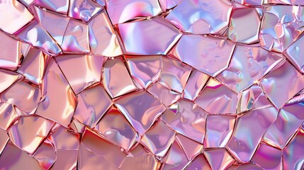 Iridescent pink glass shards create a mosaic pattern. Abstract art concepts or backgrounds.