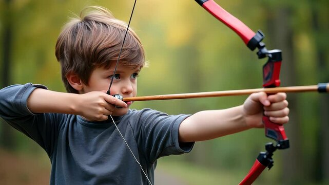 A young boy in a gray shirt prepares to shoot an arrow from a colorful compound bow in a serene forest, embodying adventure, determination, and the spirit of outdoor activities.