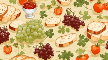 A Still Life Composition Featuring Slices of Bread, Green Grapes, Red Grapes, Tomatoes, and Strawberries