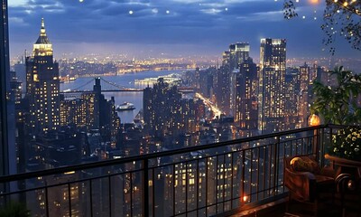 Nighttime View of a Cityscape from a Balcony with String Lights - Powered by Adobe