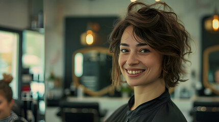 female hairdresser 30s smiling warmly in a salon with a client in the chair mirrors and hairstyling tools