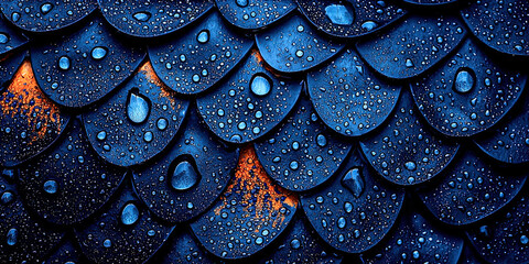 A blue and orange dragon with droplets of water on its scales