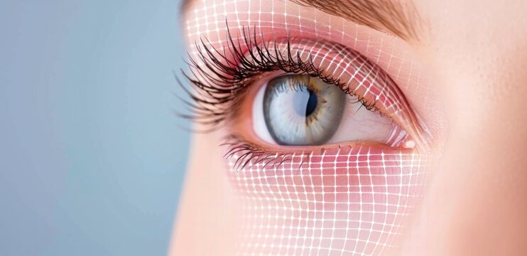 Close-up of a woman's eye with digital grid overlay. Used for technology in facial recognition research.