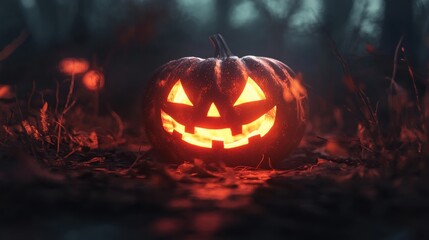 Illuminated Jack-o'-lantern in a Dark Forest Setting