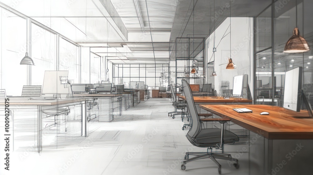 Poster modern office interior design sketch with a wooden desk and a computer monitor