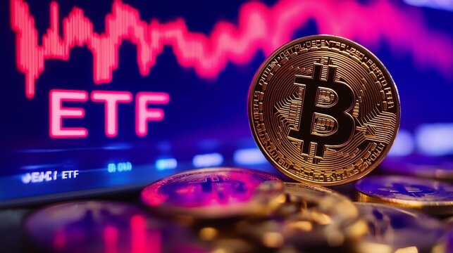 Bitcoin ETF Launch Symbolized by Close-Up of Bitcoin Coin with ETF Market Graph