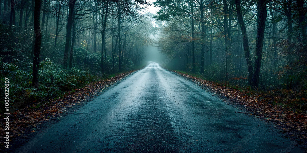 Poster a road with a forest in the background